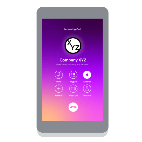 Illustration of a cell phone screen showing branded caller ID items, including that there's an incoming call from Company XYZ, the company logo, and the purpose of the call.