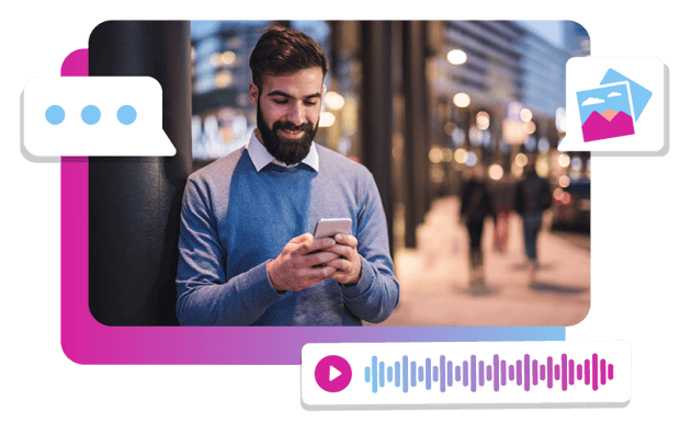 Photo of man texting icons showing MMS, Voice and Chat